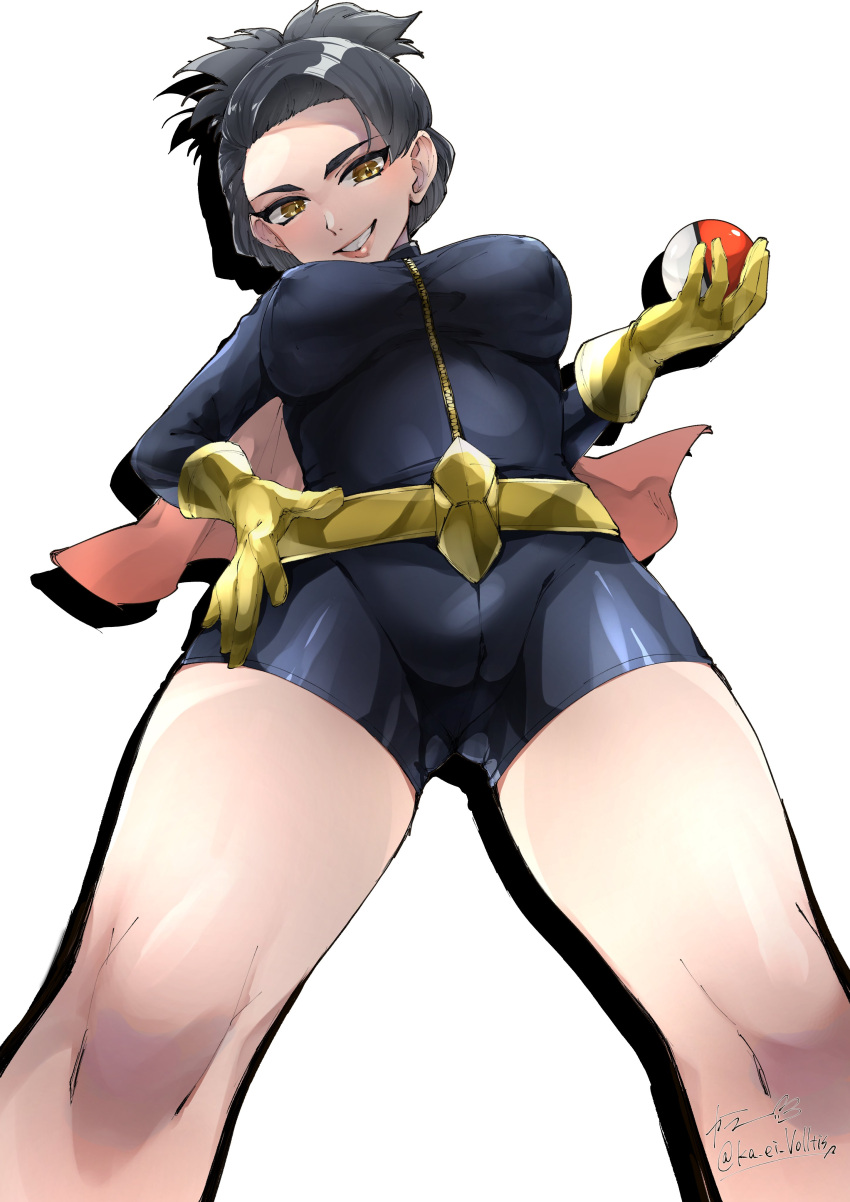 absurdres black_bodysuit black_hair bodysuit cape covered_nipples dragon_tamer_(pokemon) female gloves gold_belt gold_gloves grin highres holding holding_poke_ball ka_ei_volltis poke_ball poke_ball_(basic) pokemon pokemon_sv ponytail single_hair_intake smile yellow_eyes