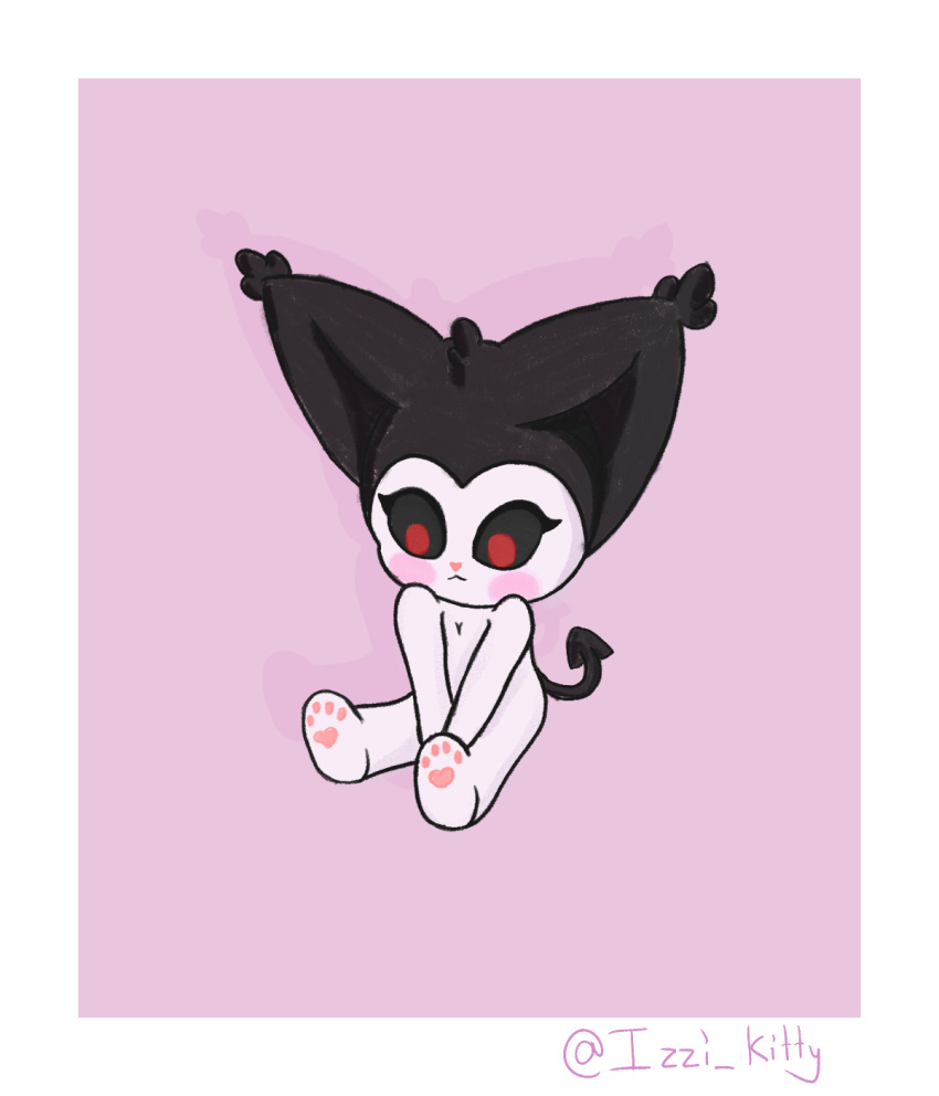 anthro black_body black_fur black_sclera blush daww ear_tuft felid feline female fur hands_between_legs hi_res izzi_(izzipurrito) izzipurrito mammal pawpads paws red_eyes shadow simple_background simple_coloring simple_eyes sitting solo spade_tail tagme tail tuft white_body young