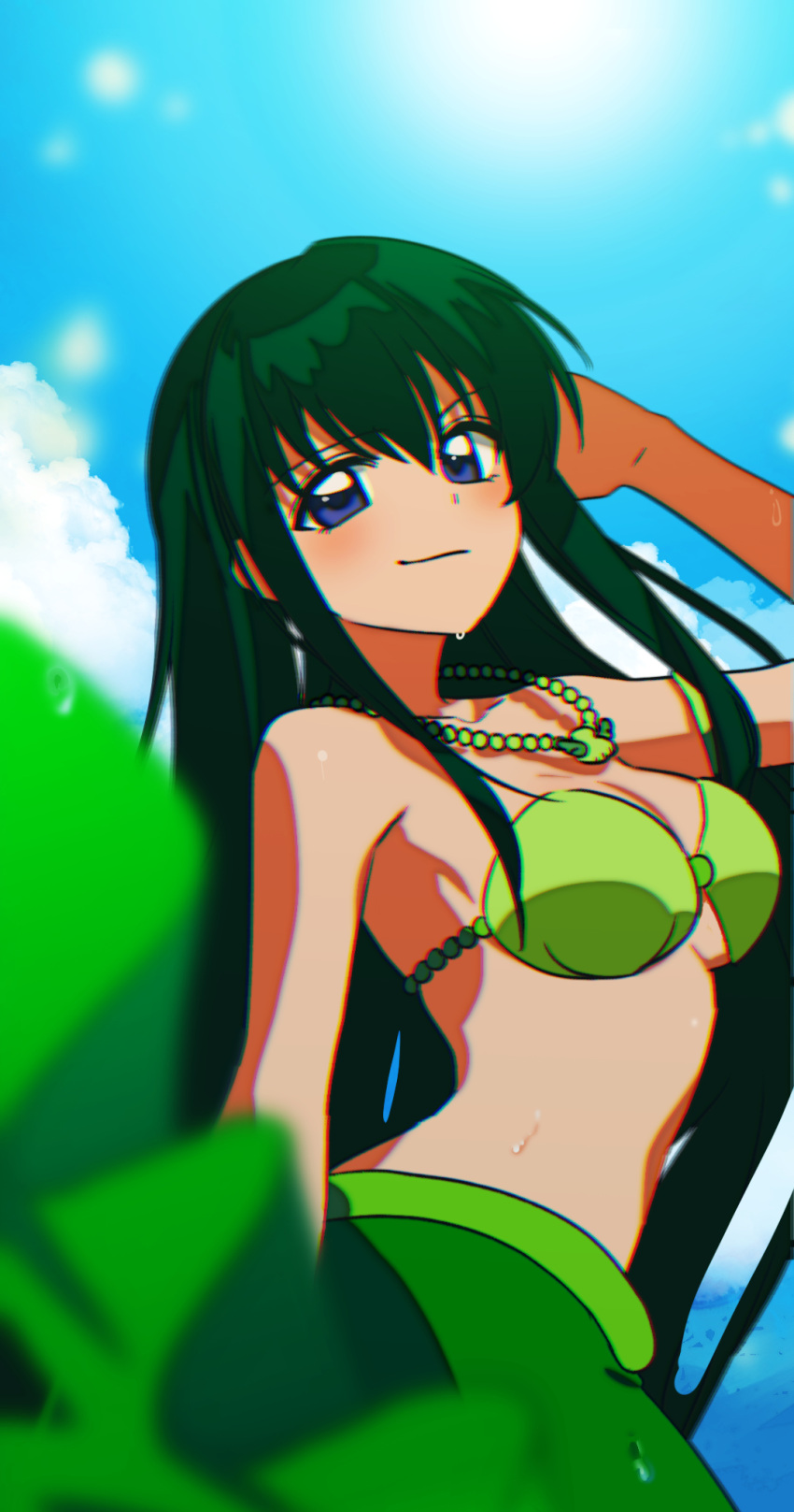 blue_background blue_eyes blue_sky bra bracelet breasts closed_mouth cloud commentary_request earrings female green_bra green_hair hair_between_eyes hair_ornament hand_up highres jewelry long_hair looking_at_viewer mermaid mermaid_melody_pichi_pichi_pitch monster_girl necklace ocean pearl_bracelet pearl_necklace shell shell_bikini shiny sky smile solo sunlight touin_rina touin_rina_(mermaid) underwear water yumesaki_nana