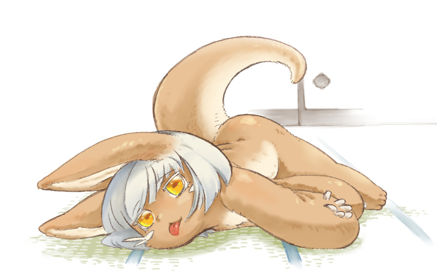 16:10 4_toes 5_fingers ambiguous_gender anthro biped blep brown_body brown_ears brown_fur brown_tail countershade_fur countershade_tail countershade_torso countershading detailed_background digital_media_(artwork) feet fingers fluffy front_view fur hair hi_res horizontal_pupils inside kemono lagomorph long_ears looking_at_viewer lying made_in_abyss mammal midori_no_iruka monotone_hair multicolored_body multicolored_fur nanachi narehate nude on_ground on_side orange_eyes pupils short_hair solo tail tan_body tan_countershading tan_fur tan_inner_ear tan_tail tatami toes tongue tongue_out two_tone_body two_tone_fur two_tone_tail whiskers white_hair widescreen