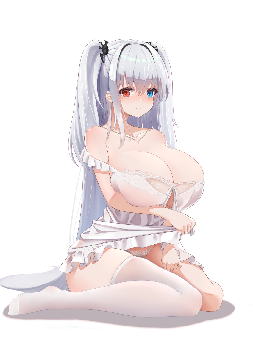 absurdres azur_lane babydoll bare_shoulders blue_eyes breasts cleavage clothing_cutout collarbone dress elbing_(azur_lane) elbing_(sleepless_night's_wishes)_(azur_lane) female flashing heterochromia highres huge_breasts lace lace-trimmed_dress lace_panties lace_trim lifting_own_clothes long_hair looking_at_viewer nightgown no_shoes official_alternate_costume panties qian_hen red_eyes simple_background single_thighhigh sitting solo strapless thighhighs underboob_cutout underwear very_long_hair white_babydoll white_background white_hair white_nightgown white_panties white_thighhighs