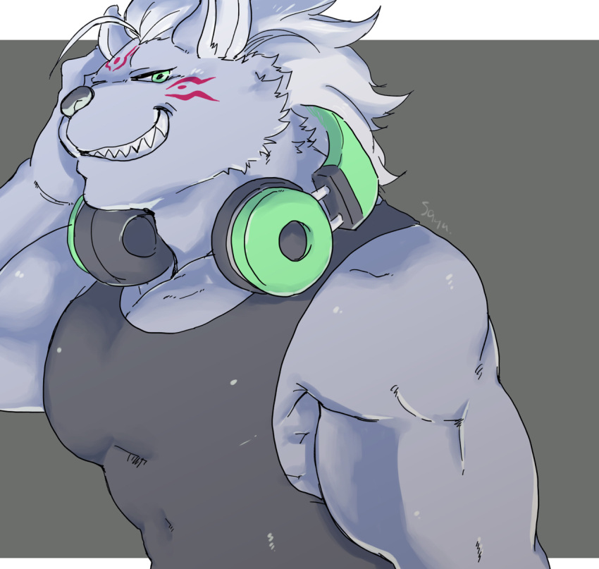 anthro biceps blue_body blue_fur cddi_h clothing electronics fur green_hair grin hair headphones headphones_around_neck hi_res hyena lifewonders male mammal mane mane_hair muscular muscular_anthro muscular_male nyarlathotep_(tas) shirt smile solo tank_top tokyo_afterschool_summoners topwear