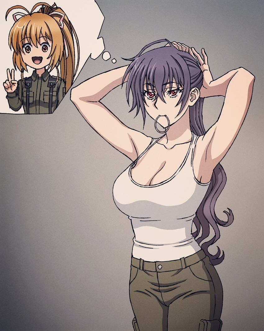 2girls ahoge antenna_hair beatrix_bremer breasts brown_eyes brown_hair cleavage hairband harasyu1 highres katia_waldheim large_breasts long_hair military military_uniform mouth_hold multiple_girls muv-luv muv-luv_alternative no_bra orange_eyes pants ponytail purple_hair schwarzesmarken strap_gap tank_top thought_bubble uniform v white_tank_top