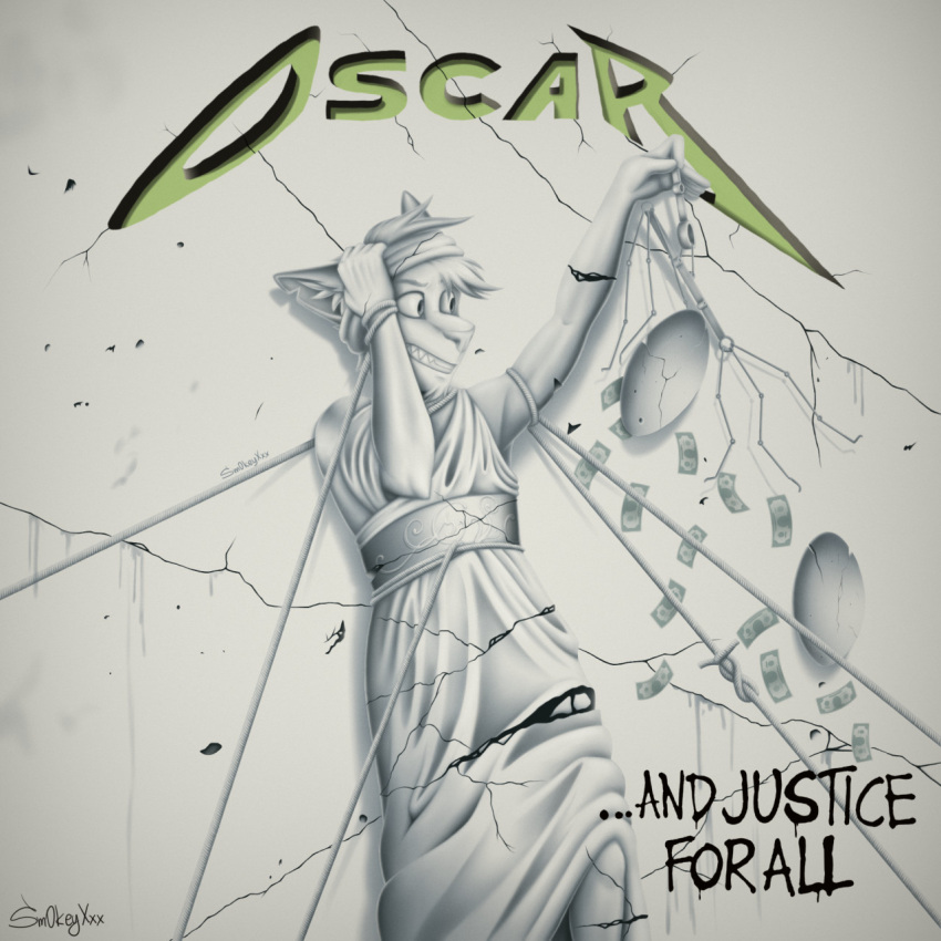 ...and_justice_for_all 1:1 2021 album_cover alternate_species anthro banknote black_text clothed clothing concrete cover crossdressing domestic_cat dress ellipsis felid feline felis furrification graffiti green_text hand_on_head hi_res male mammal metallica money paint parody rope sculpture signature sleeveless sleeveless_dress sm0keyxxx solo spray_paint statue style_emulation text torn_clothing torn_dress