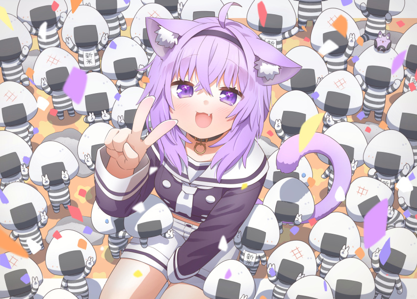 ahoge animal_ears cat_ears cat_tail confetti double_v female hairband highres hololive kayuchun milestone_celebration nekomata_okayu nekomata_okayu_(casual) oerba_yun_fang official_alternate_costume onigirya_(nekomata_okayu) ponono purple_eyes purple_hair shorts solo tail v virtual_youtuber