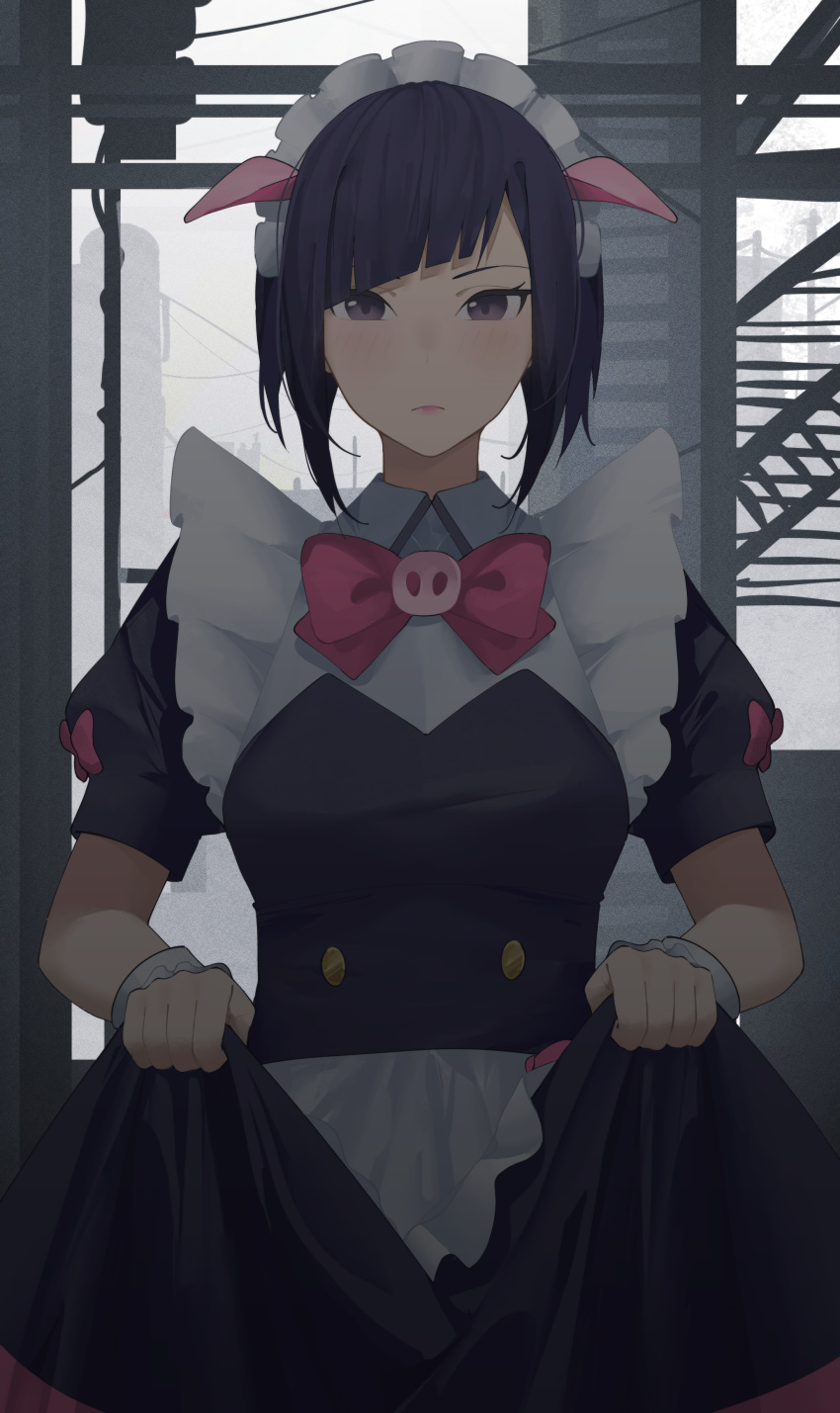 absurdres akiba_maid_sensou animal_ears black_dress black_hair blush bow bowtie clothes_lift commentary deroops dress fake_animal_ears female highres lifting_own_clothes looking_at_viewer maid mannen_ranko pink_bow pink_bowtie short_hair short_sleeves skirt skirt_lift solo standing wrist_cuffs