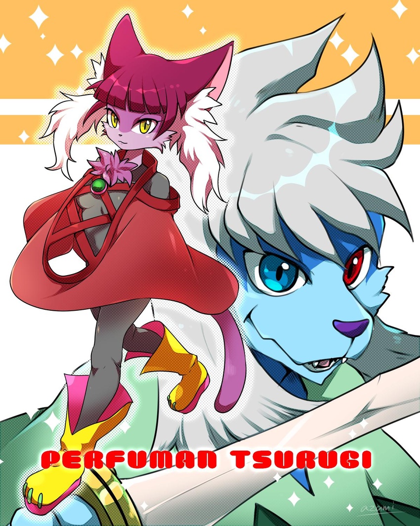 4:5 anthro blue_body blue_eyes blue_fur bodysuit canid canine chest_tuft clothed clothing domestic_cat duo felid feline felis female fur hair hi_res inner_ear_fluff kamen_rider kamen_rider_zero-one male mammal melee_weapon perfuman_tsurugi poncho purple_body purple_fur purple_hair purple_nose red_eyes shion_(perfuman_tsurugi) skinsuit sword tight_clothing togeshiro_azami tsurugi_(perfuman_tsurugi) tuft weapon white_hair yellow_eyes