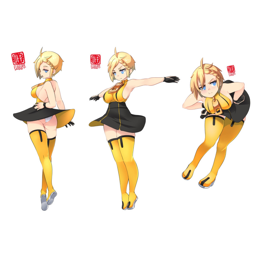 ahoge artist_logo ass asymmetrical_bangs bare_shoulders bent_over black_gloves blonde_hair blue_eyes boots braid braided_bangs breasts commission crossed_legs dress el_quijote female from_behind full_body gloves half_gloves hands_on_own_hips highres jitome large_breasts looking_at_viewer looking_back multiple_views nyrn original panties pantyshot pout short_dress short_hair sideboob swept_bangs t-pose thigh_boots two-tone_dress two-tone_footwear underwear watson_cross white_panties yellow_footwear zettai_ryouiki zipper_pull_tab