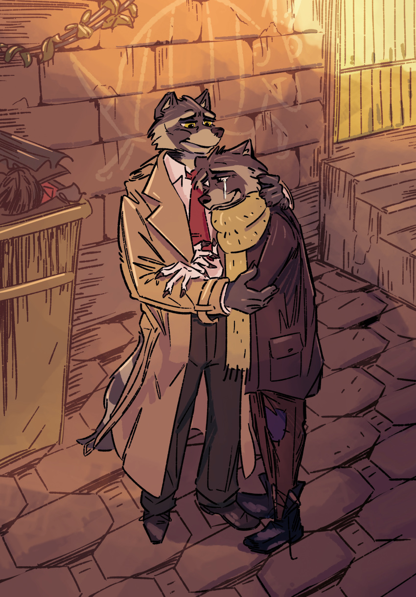 absurd_res alley bodily_fluids clothing coat digital_media_(artwork) duo hi_res howard_lotor hug jackiry larry_(tails_noir) male male/male mammal patchwork_clothing procyonid raccoon scarf tails_noir tears topwear trash trenchcoat