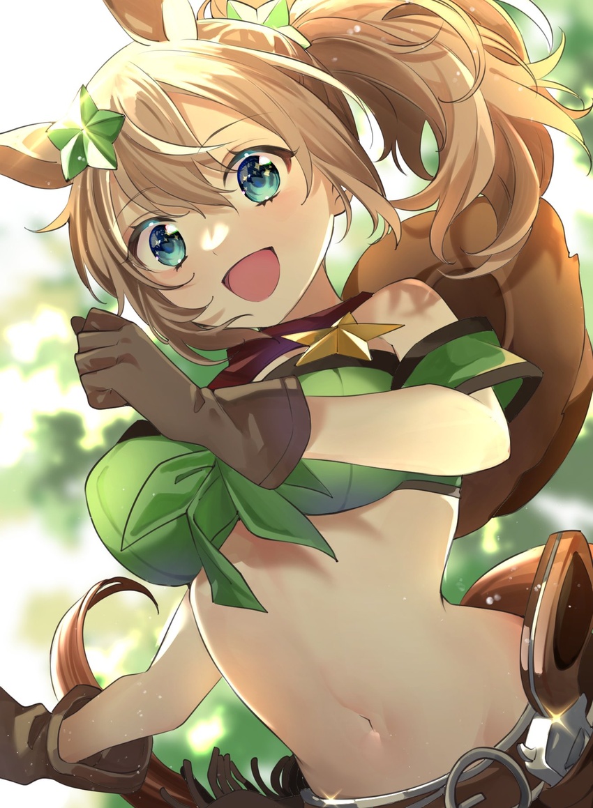 :d animal_ears armband bare_shoulders belt blue_eyes blush breasts brown_belt brown_gloves brown_hair clenched_hands commentary_request cowboy_hat cowboy_shot crop_top extra_ears female glint gloves green_armband green_shirt groin gun hair_between_eyes hair_ornament hand_up hat hat_on_back highres holstered horse_ears horse_girl horse_tail large_breasts long_hair looking_at_viewer midriff navel off_shoulder open_mouth ponytail red_scarf scarf sheriff_badge shirt shunka_tunacan sidelocks smile solo standing star_(symbol) star_hair_ornament taiki_shuttle_(umamusume) tail tied_shirt umamusume weapon