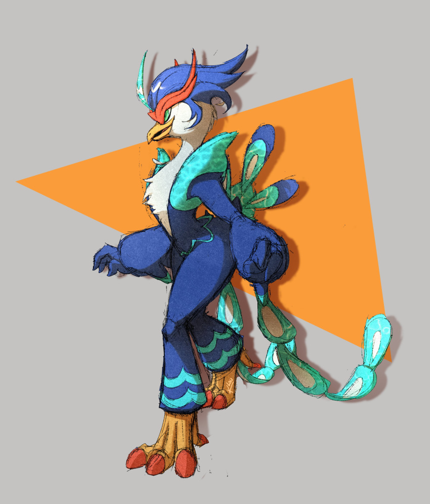 absurd_res anthro beak blue_body blue_eyes blue_feathers feathers feet fluffy_chest generation_9_pokemon hi_res kloudraws male nintendo pokemon pokemon_(species) quaquaval small_waist solo talons toes