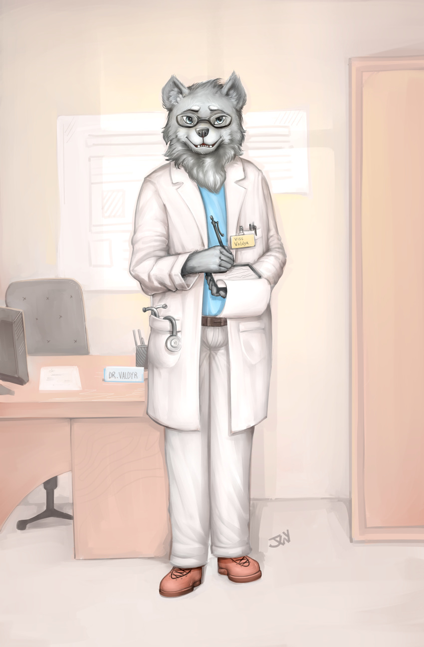 2019 absurd_res anthro belt black_nose bottomwear canid canine canis chair clipboard clothed clothing coat digital_media_(artwork) doctor doctor's_office dual_holding electronics eyewear fingers fluffy front_view full-length_portrait fur furniture glasses grey_body grey_fur hair hi_res holding_clipboard holding_object holding_pen holding_writing_utensil inside lab_coat long_fur looking_at_viewer male mammal medical_instrument monitor name_tag open_mouth pants pen portrait scientific_instrument smile solo standing stethoscope table teeth text topwear tuft twymouse viss_valdyr wolf writing_utensil