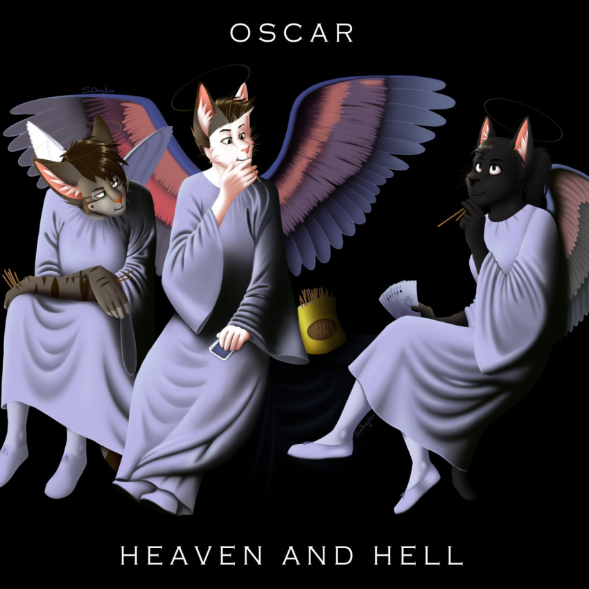 1:1 2021 album_cover alternate_species angel anthro black_background black_body black_eyes black_fur black_hair black_nose black_sabbath blue_clothing blue_robe card clothing cover domestic_cat feathered_wings feathers felid feline felis fur furrification grey_body grey_fur group hair heaven heaven_and_hell hell hi_res male mammal parody pink_nose playing_card robe simple_background sm0keyxxx text trio white_body white_fur white_text wings