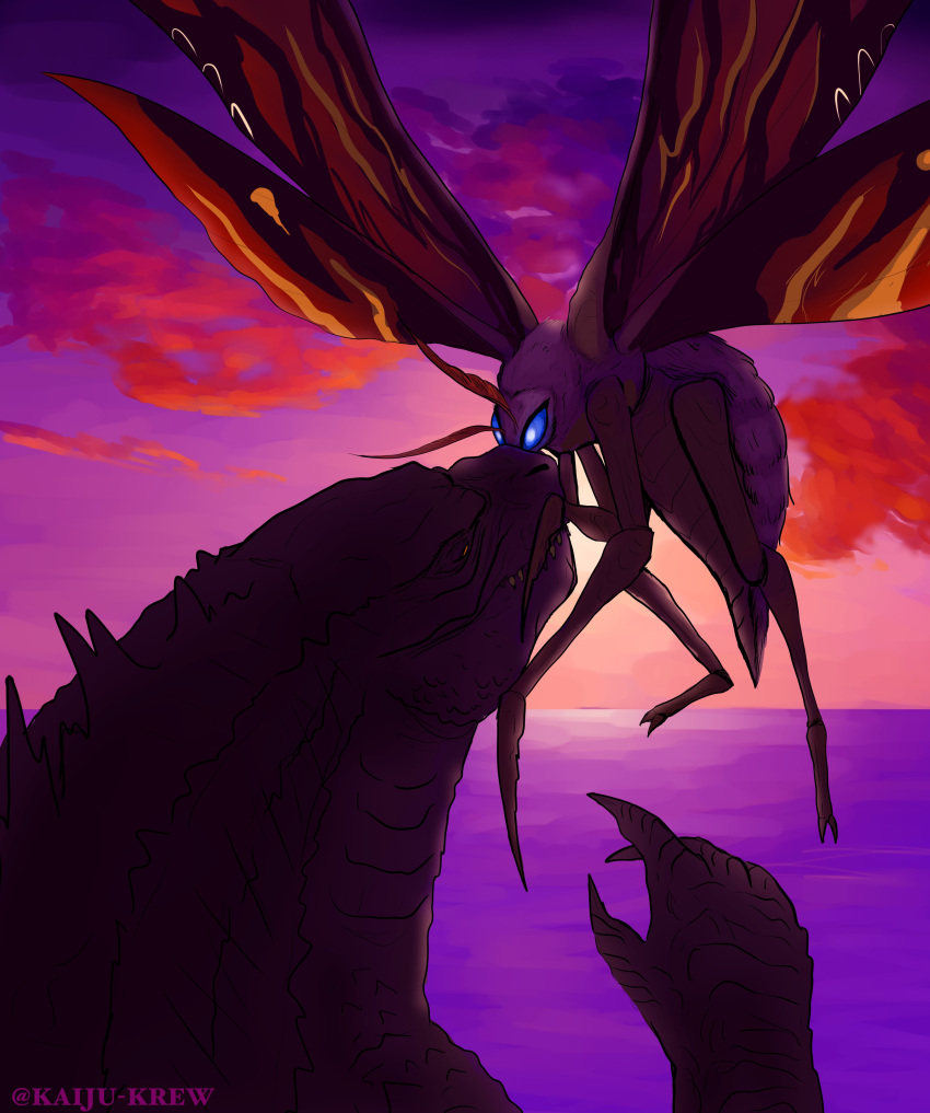 2021 absurd_res arthropod claws cloud digital_media_(artwork) duo flying godzilla godzilla_(series) hi_res insect_wings insects kaiju kaiju-krew lepidopteran moth mothra mothra_(series) sea sky sunset toho water wings