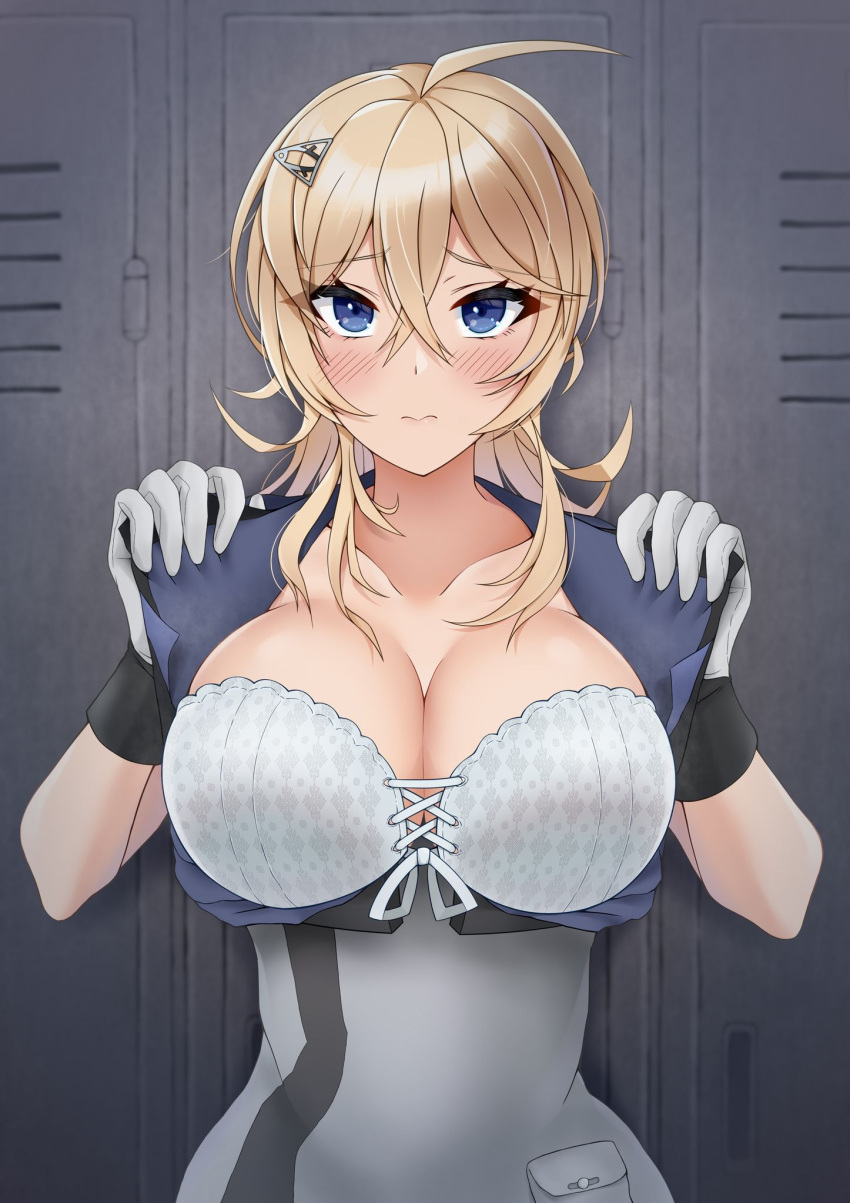 ahoge black_gloves blonde_hair blue_eyes blue_shirt blush bra breasts cleavage collarbone crossed_bangs female gloves hair_between_eyes hair_ornament hairclip highres kantai_collection large_breasts long_hair looking_at_viewer multicolored_clothes multicolored_gloves open_clothes open_shirt otobi shirt solo strapless strapless_bra tuscaloosa_(kancolle) underwear upper_body white_bra white_gloves