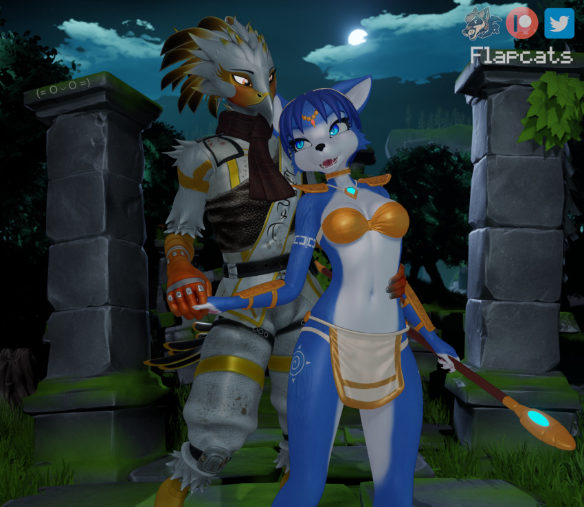 3d_(artwork) anthro armor avian beak bird black_body black_feathers blue_body blue_fur bottomwear bra canid canine clothed clothing digital_media_(artwork) duo faraday_(warfaremachine) feathers female flapcats forest fox fur hi_res jewelry krystal_(kaylafox) krystal_(star_fox) loincloth male mammal multicolored_body multicolored_fur nintendo outside plant scarf smile staff star_fox star_fox_adventures tree underwear warfare_machine white_body white_feathers white_fur