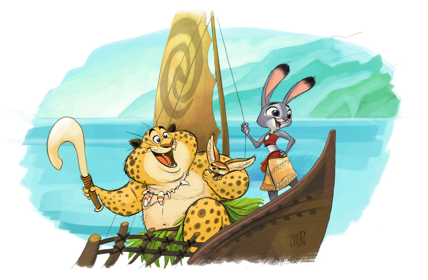 2016 absurd_res anthro benjamin_clawhauser boat bone bone_necklace canid canine cheetah cosplay crossover demigod disney felid feline female fennec_fox finnick_(zootopia) fox fur grass_skirt group grumpy hawaiian_mythology hi_res hula jewelry judy_hopps lagomorph leporid male mammal maui_(moana) moana moana_waialiki mostly_nude necklace nikraccoom obese open_mouth overweight pacific_mythology paua rabbit sea simple_background slim smile tongue tooth_necklace true_fox vehicle water watercraft weapon whiskers zootopia