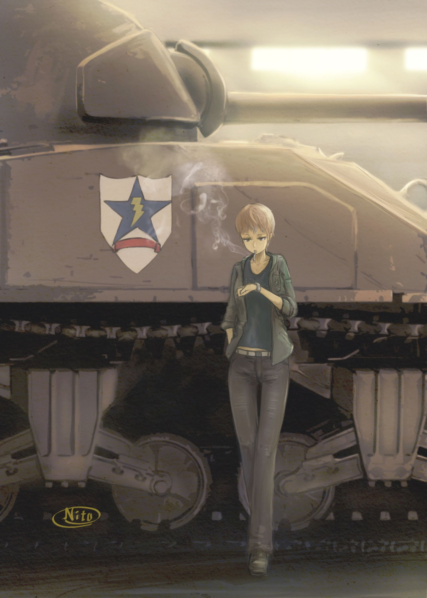 artist_name belt black_footwear black_jacket black_pants black_shirt brown_eyes brown_hair casual cigarette commentary emblem female girls_und_panzer grey_belt hand_in_pocket highres jacket looking_at_object looking_at_watch looking_down military military_vehicle motor_vehicle mouth_hold naomi_(girls_und_panzer) nito_(nshtntr) open_clothes open_jacket pants saunders_(emblem) sherman_firefly shirt shoes short_hair signature sleeveless smoke smoking solo sunlight tank thigh_gap very_short_hair watch wristwatch