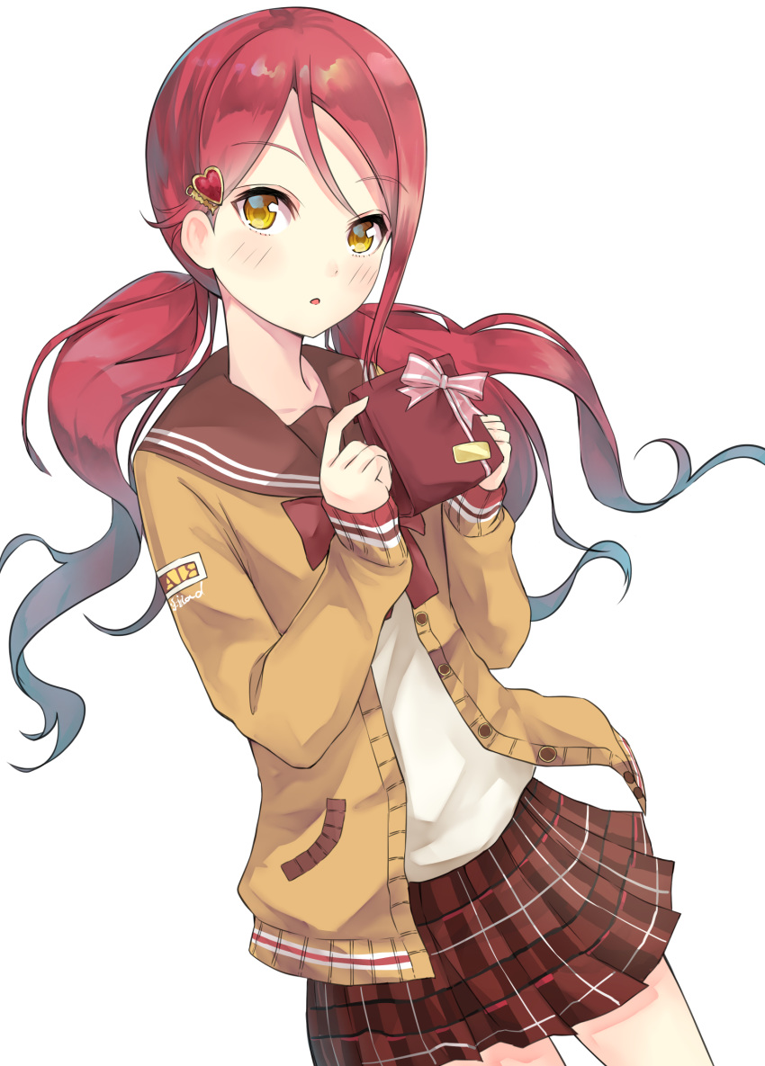 bad_id bad_pixiv_id blush bow bowtie brown_cardigan brown_skirt cardigan collarbone cowboy_shot female floating_hair hair_ornament heart heart_hair_ornament highres holding long_hair looking_at_viewer love_live! love_live!_school_idol_festival love_live!_sunshine!! miniskirt open_mouth plaid plaid_skirt pleated_skirt ranmaruuuu00 red_bow red_hair sakurauchi_riko school_uniform shirt simple_background skirt solo striped striped_bow twintails valentine very_long_hair white_background white_shirt yellow_eyes