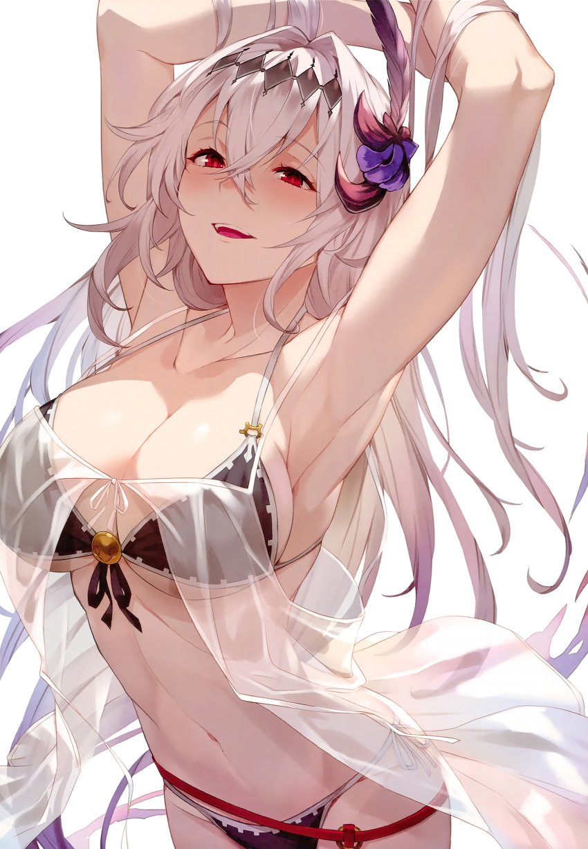 absurdres armpits arms_up bikini black_bikini breasts cleavage cowboy_shot dark_jeanne female front-tie_bikini_top front-tie_top gradient_hair granblue_fantasy hair_between_eyes hair_intakes hair_ornament halterneck highres jeanne_d'arc_(granblue_fantasy) kakage large_breasts long_hair multicolored_hair navel o-ring o-ring_bikini o-ring_top open_mouth photoshop_(medium) purple_hair red_eyes scan see-through side-tie_bikini_bottom smile solo swimsuit two-tone_hair very_long_hair white_hair