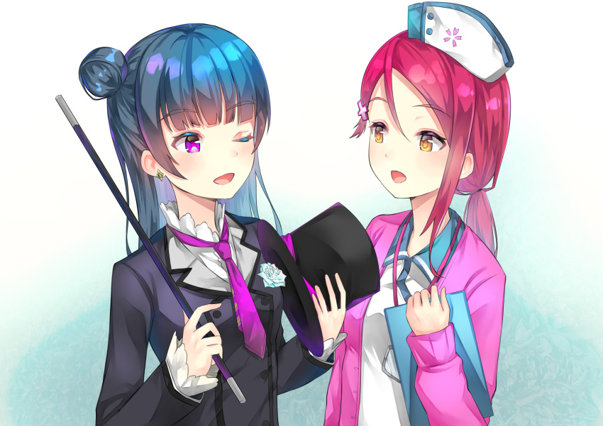 2girls :d ;d bad_id bad_pixiv_id black_hat blue_hair cardigan eye_contact flower gradient_background hair_between_eyes hair_bun hat highres holding holding_clothes holding_hat long_hair looking_at_another love_live! love_live!_sunshine!! multiple_girls necktie nurse nurse_cap one_eye_closed open_cardigan open_clothes open_mouth parted_bangs pink_cardigan ponytail purple_eyes purple_necktie ranmaruuuu00 red_hair sakurauchi_riko shirt single_hair_bun smile tsushima_yoshiko unworn_hat unworn_headwear upper_body white_background white_flower white_shirt yellow_eyes