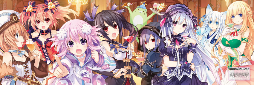 6+girls :d :o absurdres alyn_(fairy_fencer_f) animal_ears armlet arms_up artist_name bare_shoulders black_hair blanc_(neptunia) blonde_hair blue_eyes blue_hair blush bow bowtie braid breasts bridal_gauntlets brown_hair cat_ears chandelier choker cleavage clenched_hand cocktail_glass collar company_connection copyright_name cross crossover cup curry d-pad dessert detached_collar detached_sleeves dress drinking_glass effole_(fairy_fencer_f) emblem english_text fairy_fencer_f food food_on_face fork frilled_hat frills gloves gothic_lolita hair_ornament hair_ribbon hairband hairbow hat highres holding hood hooded_track_jacket hoodie jacket jewelry karin_(fairy_fencer_f) large_breasts light_brown_hair logo lolita_fashion lolita_hairband long_hair long_sleeves looking_at_viewer looking_back maid_headdress multiple_girls neck_ribbon neptune_(neptunia) neptune_(series) noire_(neptunia) official_art open_mouth orange_hair parfait pink_eyes pipin_(fairy_fencer_f) pointing profile puffy_short_sleeves puffy_sleeves purple_eyes purple_hair red_eyes red_hair ribbon short_hair short_sleeves single_braid skirt smile tiara_(fairy_fencer_f) track_jacket translation_request tray tsunako twintails usb utensil_in_mouth v-shaped_eyebrows vert_(neptunia) very_long_hair watermark whiskers white_gloves white_hair wide_sleeves wrist_cuffs