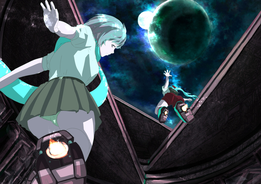 2girls aqua_hair blue_hair boots cloud commentary_request fire from_below grey_eyes highres jet_boots kanrobi launching looking_at_viewer looking_back multiple_girls multiple_moons night night_sky original outstretched_arms panties pantyshot ponytail retractable_roof scarf science_fiction shorts skirt sky underwear