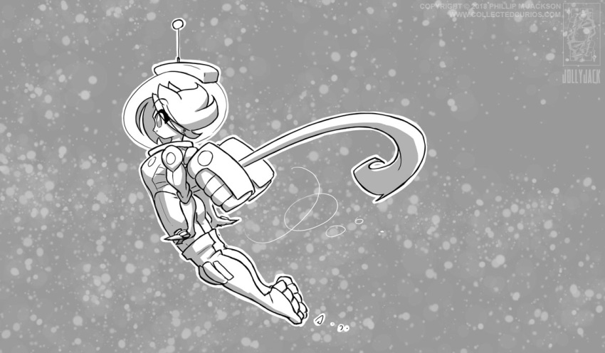 2018 anthro bubble_helmet conditional_dnp domestic_cat felid feline felis female floating greyscale hair jollyjack kat_vance mammal monochrome sequential_art smile solo space spacesuit star