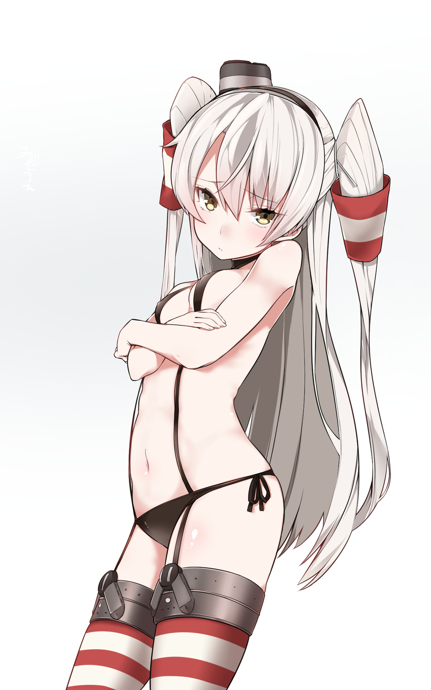 amatsukaze_(kancolle) bad_id bad_pixiv_id bare_shoulders breasts brown_eyes choker cowboy_shot crossed_arms female hair_tubes highres kantai_collection long_hair looking_at_viewer mitsudoue navel panties side-tie_swimsuit sideboob simple_background small_breasts solo striped_clothes striped_thighhighs swimsuit thighhighs two_side_up underwear white_background white_hair