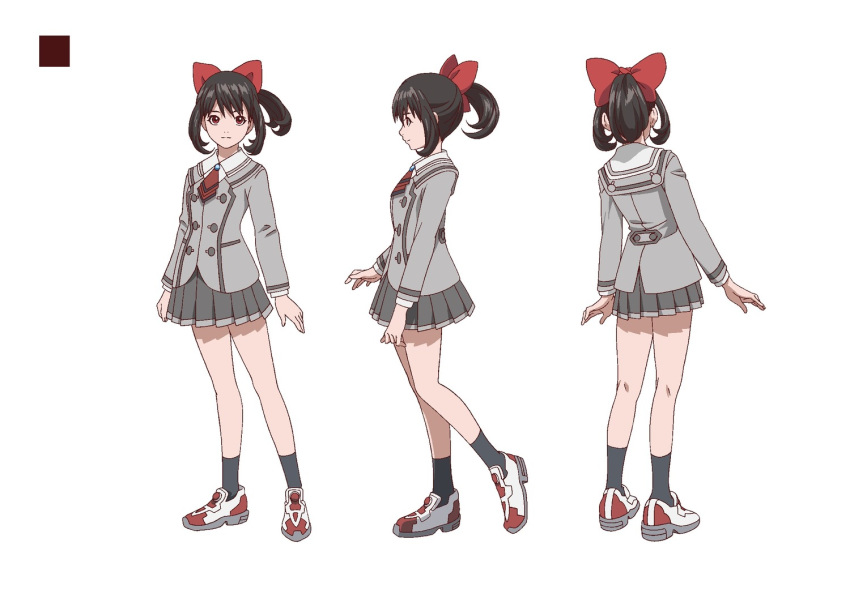 akanesasu_shoujo arms_at_sides artist_request bow brown_eyes facing_away female full_body grey_legwear grey_skirt hairbow medium_hair multiple_views official_art paint.net_(medium) profile red_bow school_uniform shoes short_ponytail sidelocks skirt sneakers socks tsuchimiya_asuka white_background