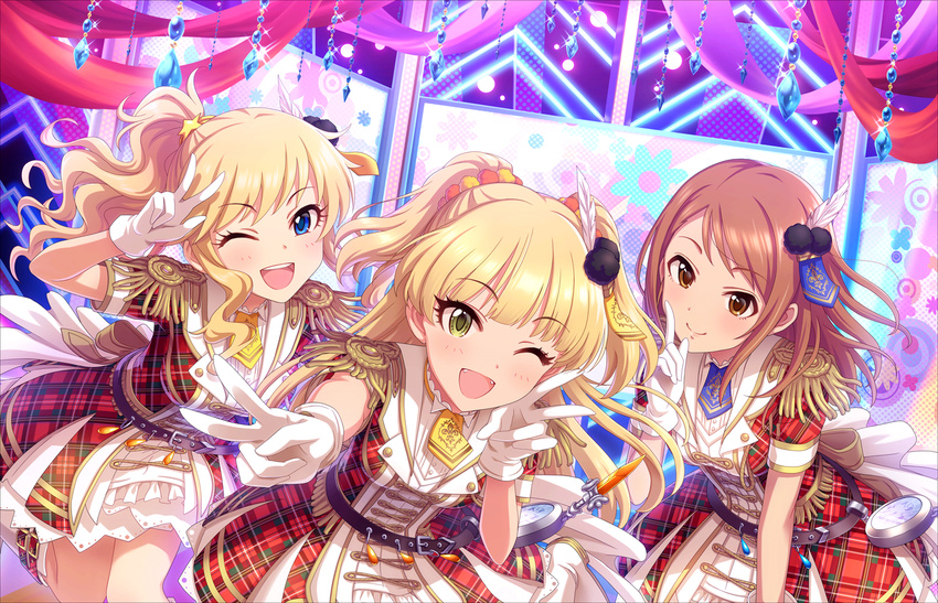 3girls ;d across_the_stars_(idolmaster) artist_request blonde_hair blunt_bangs blush brown_eyes dancing dress epaulettes fangs gloves hojo_karen idolmaster idolmaster_cinderella_girls idolmaster_cinderella_girls_starlight_stage jougasaki_rika long_hair looking_at_viewer multiple_girls official_art ohtsuki_yui one_eye_closed open_mouth orange_hair ponytail smile stage yellow_eyes