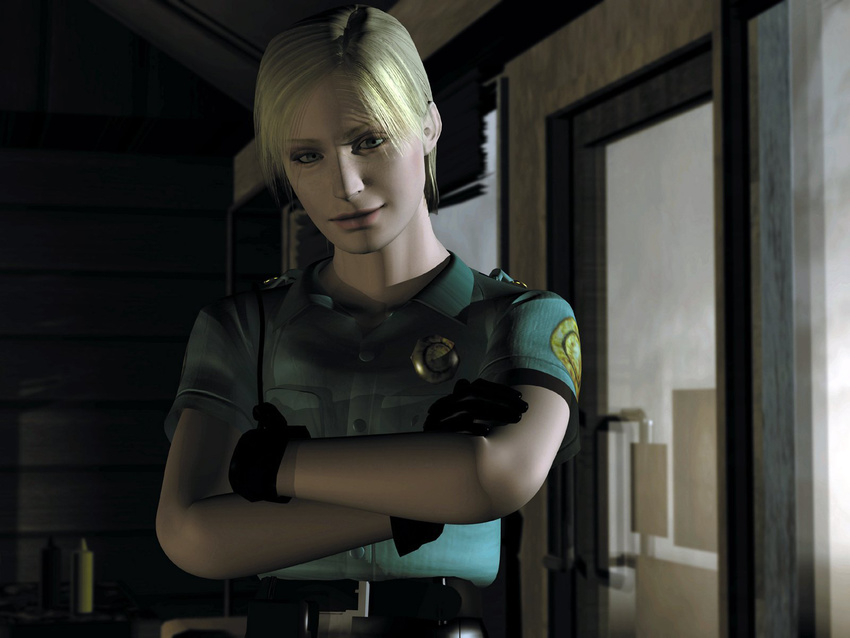 3d blonde_hair blue_eyes crossed_arms cybil_bennett female gloves konami official_art police police_badge police_uniform policewoman short_hair silent_hill uniform