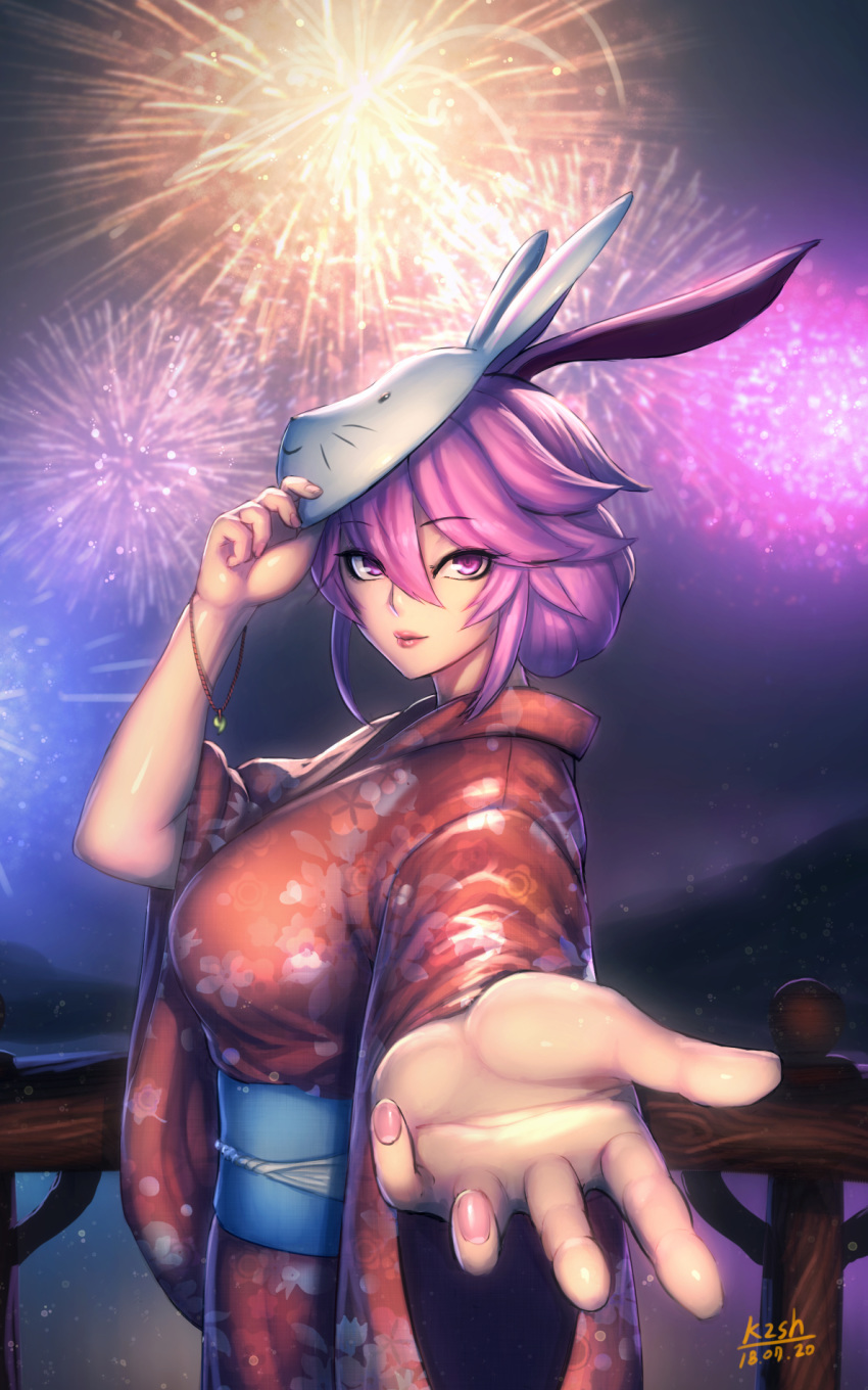 animal_ears bad_id bad_pixiv_id benghuai_xueyuan female fingernails firework_background floral_print fox_ears highres honkai_(series) honkai_impact_3rd japanese_clothes k2shh kimono looking_at_viewer mask obi purple_eyes purple_hair rabbit_mask reaching reaching_towards_viewer red_kimono sash solo yae_sakura