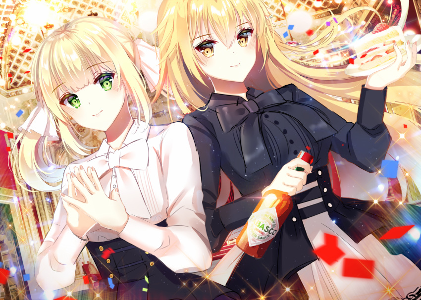 2girls bad_id bad_pixiv_id black_bow black_shirt black_skirt blonde_hair blunt_bangs blush bottle bow bowtie cake dress_shirt dutch_angle ecu8080 floating_hair food green_eyes hair_between_eyes hair_ornament high-waist_skirt highres holding holding_bottle indoors long_hair looking_at_viewer multiple_girls original ponytail shirt skirt smile standing tabasco upper_body very_long_hair white_bow white_shirt yellow_eyes