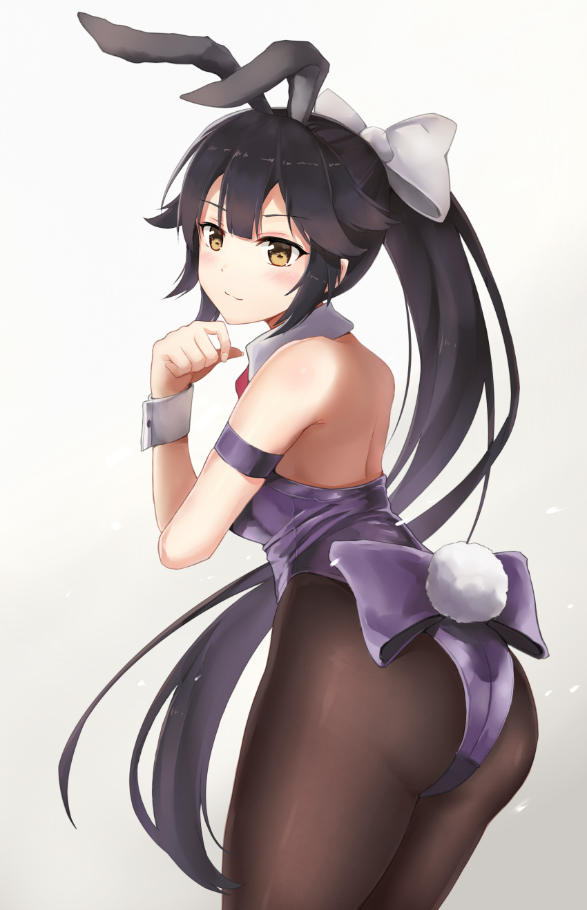 :3 absurdres animal_ears arm_strap ass azur_lane black_hair black_pantyhose blush bow breasts brown_eyes closed_mouth commentary_request fake_animal_ears female from_behind hairbow highres large_breasts light_particles long_hair looking_at_viewer looking_back panties panties_under_pantyhose pantyhose playboy_bunny ponytail rabbit_ears simple_background solo takao_(azur_lane) thighs twisted_torso underwear unicron_(brous) very_long_hair white_bow wrist_cuffs