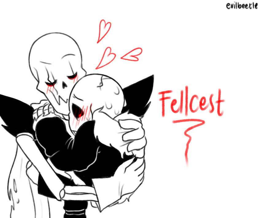 alternate_universe animated_skeleton better_version_at_source blush bone closed_eyes clothing english_text evilbeetle heart_symbol hug humanoid kissing male male/male not_furry papyrus_(undertale) sans_(undertale) simple_background skeleton smile text undead underfell undertale undertale_(series) white_background