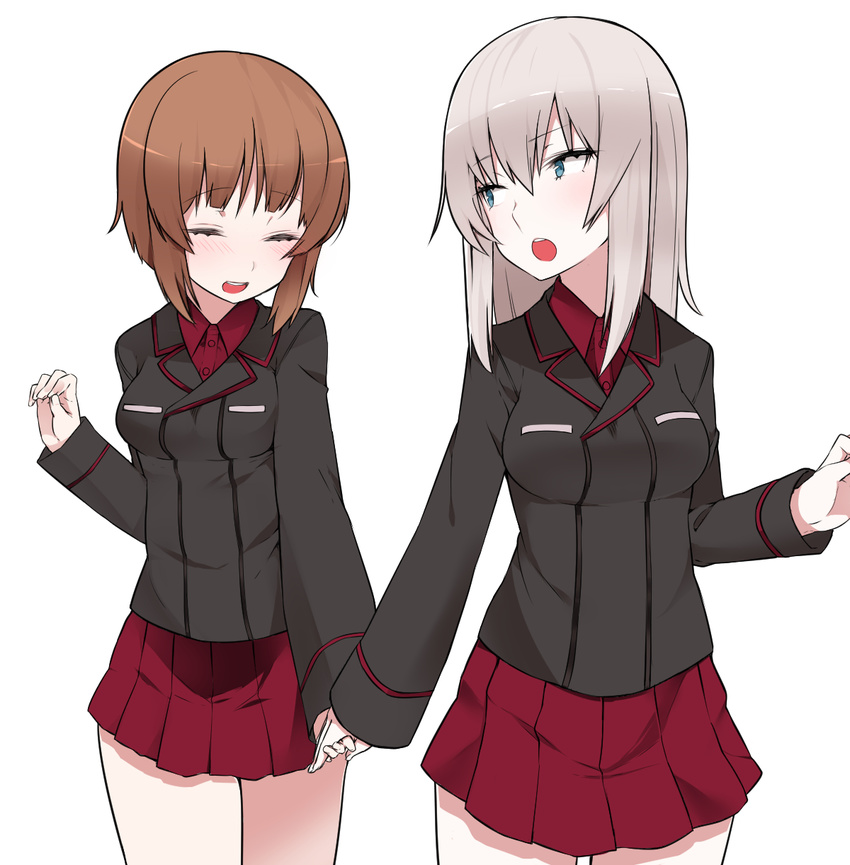 2girls black_jacket blue_eyes blush brown_hair closed_eyes commentary_request girls_und_panzer grey_hair highres holding_hands itsumi_erika jacket kuromorimine_military_uniform long_hair military military_uniform mitsudoue multiple_girls nishizumi_miho no_headwear open_mouth red_skirt school_uniform short_hair skirt uniform