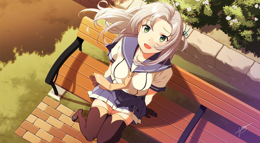 :d ahoge bench breasts brown_gloves bush collarbone commentary_request female flower from_above gloves grass green_eyes grey_hair hair_ornament highres kantai_collection kinugasa_(kancolle) kinugasa_kai_ni_(kancolle) knees_together_feet_apart long_hair looking_at_viewer looking_up medium_breasts miniskirt necktie one_side_up open_mouth outdoors pleated_skirt ribbon sahuyaiya sailor_collar school_uniform serafuku short_sleeves sitting skirt smile solo thighhighs tsurime wind yellow_necktie