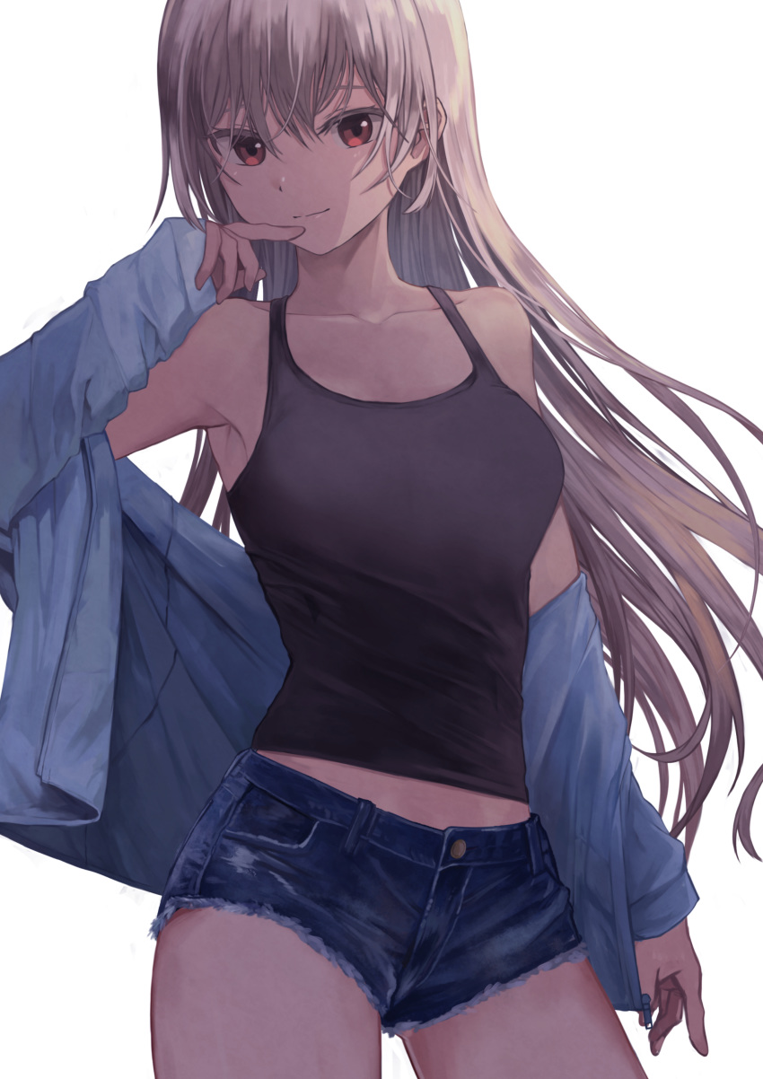 absurdres ass_visible_through_thighs backlighting bare_shoulders blue_shorts breasts collarbone commentary contrapposto cowboy_shot cutoffs denim denim_shorts female finger_to_mouth hair_between_eyes hand_up head_tilt highres jacket kyota07 light_smile long_hair looking_at_viewer micro_shorts midriff midriff_peek off_shoulder open_clothes open_jacket original red_eyes short_shorts shorts sidelocks simple_background solo standing tank_top unzipped white_hair zipper