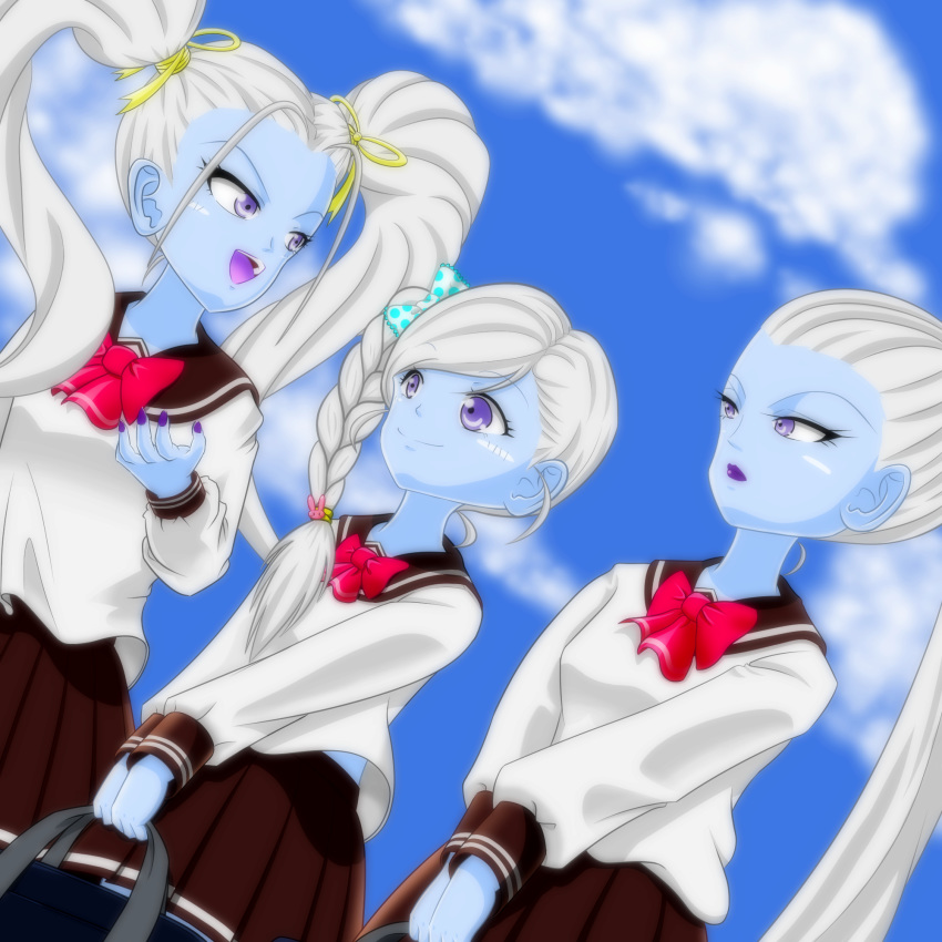 3girls :d alternate_costume bag blue_skin bow braid brown_skirt colored_skin commentary_request cus dragon_ball dragon_ball_super grey_hair hair_over_shoulder hair_pulled_back hair_ribbon highres holding holding_bag long_hair marcarita minminnanagon multiple_girls nail_polish open_mouth pleated_skirt ponytail purple_eyes purple_lips purple_nails red_bow ribbon school_uniform serafuku shirt siblings single_braid sisters skirt smile twintails vados_(dragon_ball) very_long_hair white_shirt yellow_ribbon