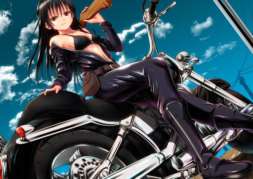 ano_hito bad_id bad_pixiv_id bare_shoulders belt bikini black_footwear black_hair boots brown_eyes brown_hair cloud collarbone commentary_request day female gun motor_vehicle motorcycle navel o-ring o-ring_top original photo_background pouch rifle sitting skin_tight sky smile solo swimsuit unzipped weapon