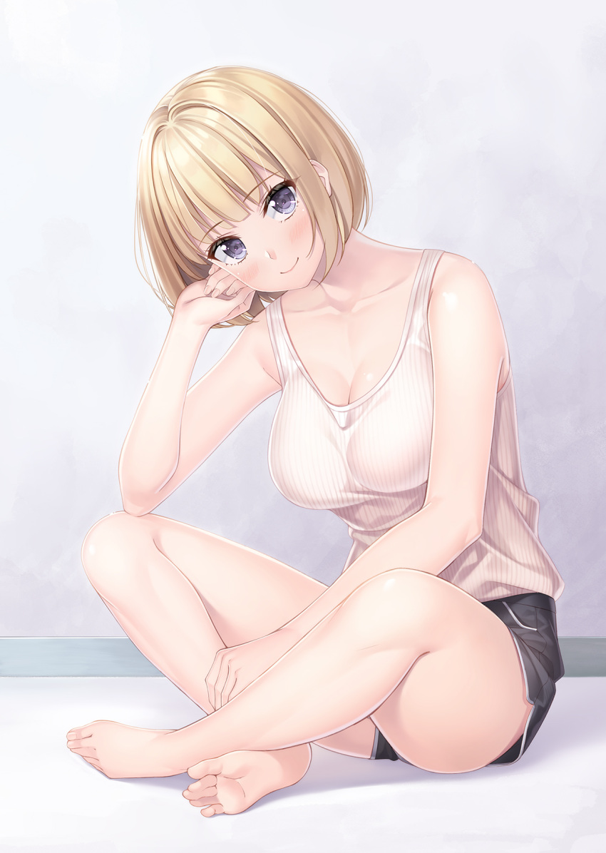 barefoot blonde_hair blue_eyes blush breasts cleavage collarbone commentary_request dolphin_shorts female full_body hand_on_own_ankle hand_on_own_cheek hand_on_own_face highres indian_style original short_hair shorts sitting smile solo tank_top white_tank_top yamakaze_ran