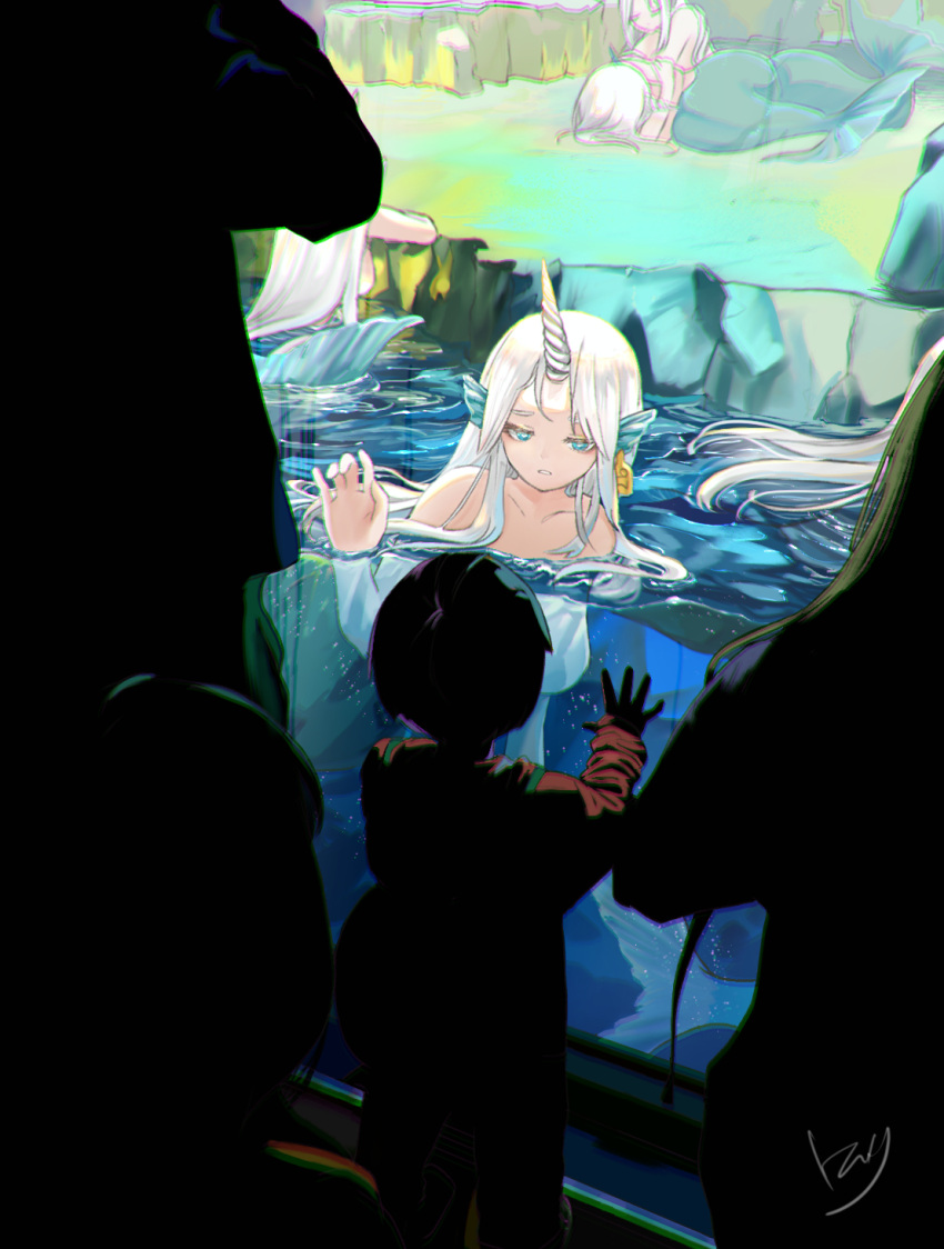 1boy 4girls aquarium blue_eyes dress eveyeil fins frown head_fins highres horns long_hair mermaid monster_girl multiple_girls numbered original sad short_hair single_horn water white_hair zoo