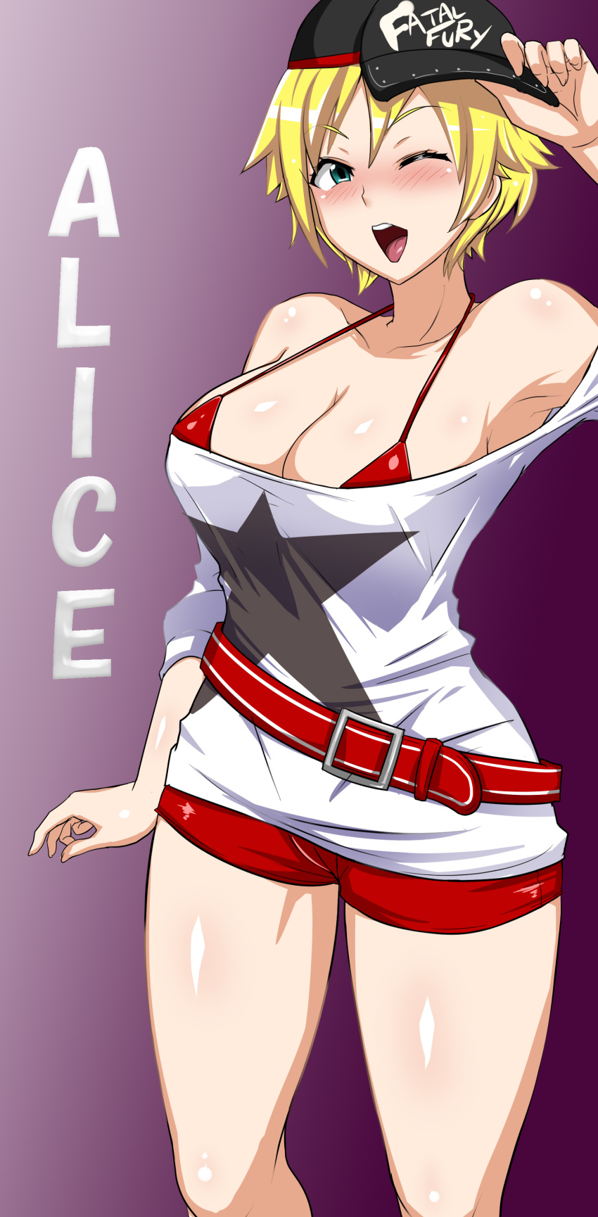 :d absurdres alice_garnet_nakata aqua_eyes armpits bare_shoulders baseball_cap bikini bikini_top_only blonde_hair blush breasts character_name cleavage commentary cowboy_shot fatal_fury fatal_fury_cap female hat highres large_breasts looking_at_viewer loose_clothes loose_shirt off-shoulder_shirt off_shoulder okyou one_eye_closed open_mouth red_bikini shirt short_hair short_shorts shorts smile solo swimsuit the_king_of_fighters the_king_of_fighters_xiv