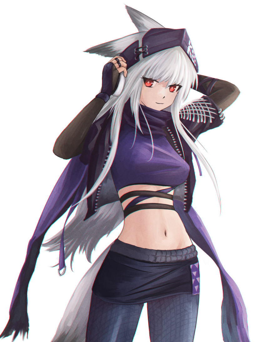 absurdres animal_ears arknights arms_up black_gloves black_headwear black_jacket black_skirt breasts commentary_request cowboy_shot crop_top female fingerless_gloves fox_ears fox_tail frostleaf_(arknights) frostleaf_(breaking_the_ice)_(arknights) gloves grey_hair grey_pants highres jacket long_hair looking_at_viewer medium_breasts midriff miniskirt navel official_alternate_costume open_clothes open_jacket pants pantyhose pencil_skirt purple_shirt red_eyes shirt simple_background skirt smile solo standing stomach superbeek4 tail very_long_hair white_background