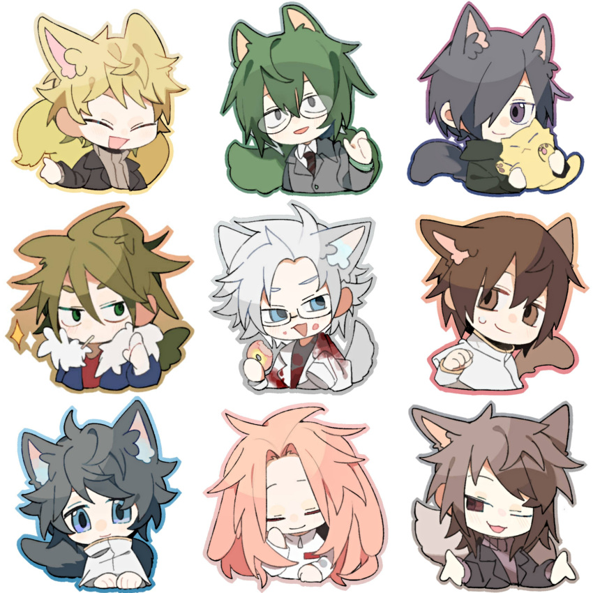 6+boys absurdres aiba_ibuki animal animal_ears atou_haruki black_jacket blonde_hair blood blood_stain blue_eyes blue_jacket brown_eyes brown_hair brown_sweater capelet cat_ears cat_tail chibi chinese_commentary closed_mouth coat collared_shirt commentary_request crumbs dog_ears dog_tail doughnut feline female food fox_ears fox_tail fur_trim glasses green_eyes green_hair green_hoodie grey_eyes grey_hair grey_jacket grey_shirt hair_between_eyes hand_on_own_face hand_up harada_minoru hatsutori_hajime highres holding holding_animal holding_cat holding_food hood hoodie isoi_rai isoi_reiji jabuchi_you jacket kanou_aogu kemonomimi_mode lab_coat long_hair long_sleeves medium_hair meebo multiple_boys necktie one_eye_closed open_clothes open_jacket open_mouth otowa_rui_(saibou_shinkyoku) parted_bangs pink_hair purple_eyes purple_sweater red_shirt saibou_shinkyoku sanpaku shirt short_hair smile sparkle striped_necktie suit_jacket sweat sweater tail turtleneck turtleneck_sweater uri_(saibou_shinkyoku) w_arms white_background white_capelet white_coat white_shirt yellow_cat