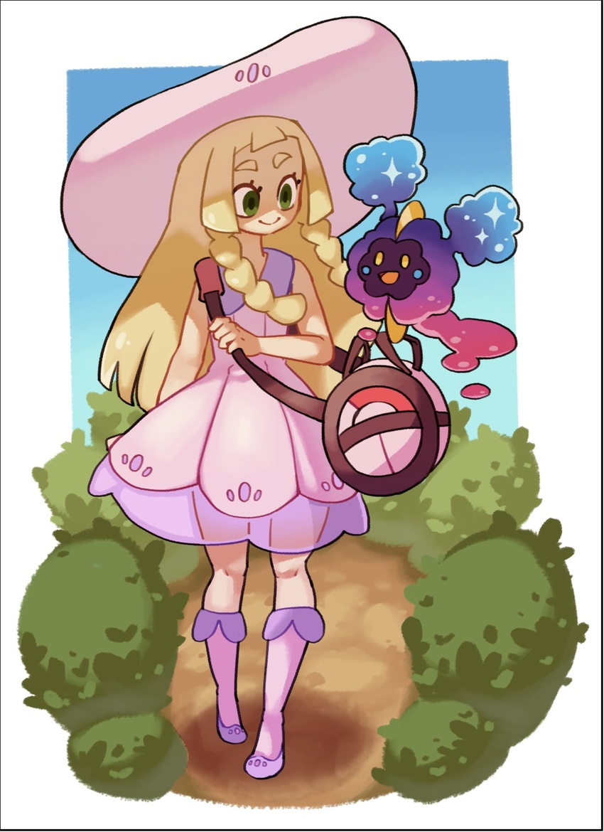 bag blonde_hair blunt_bangs braid bush closed_mouth collared_dress commentary cosmog dress duffel_bag eyelashes female full_body green_eyes hat highres holding_strap knees kurt_robinson lillie_(pokemon) long_hair poke_ball_theme pokemon pokemon_(creature) pokemon_sm see-through shoes sleeveless sleeveless_dress smile socks standing sun_hat sundress twin_braids white_dress white_headwear