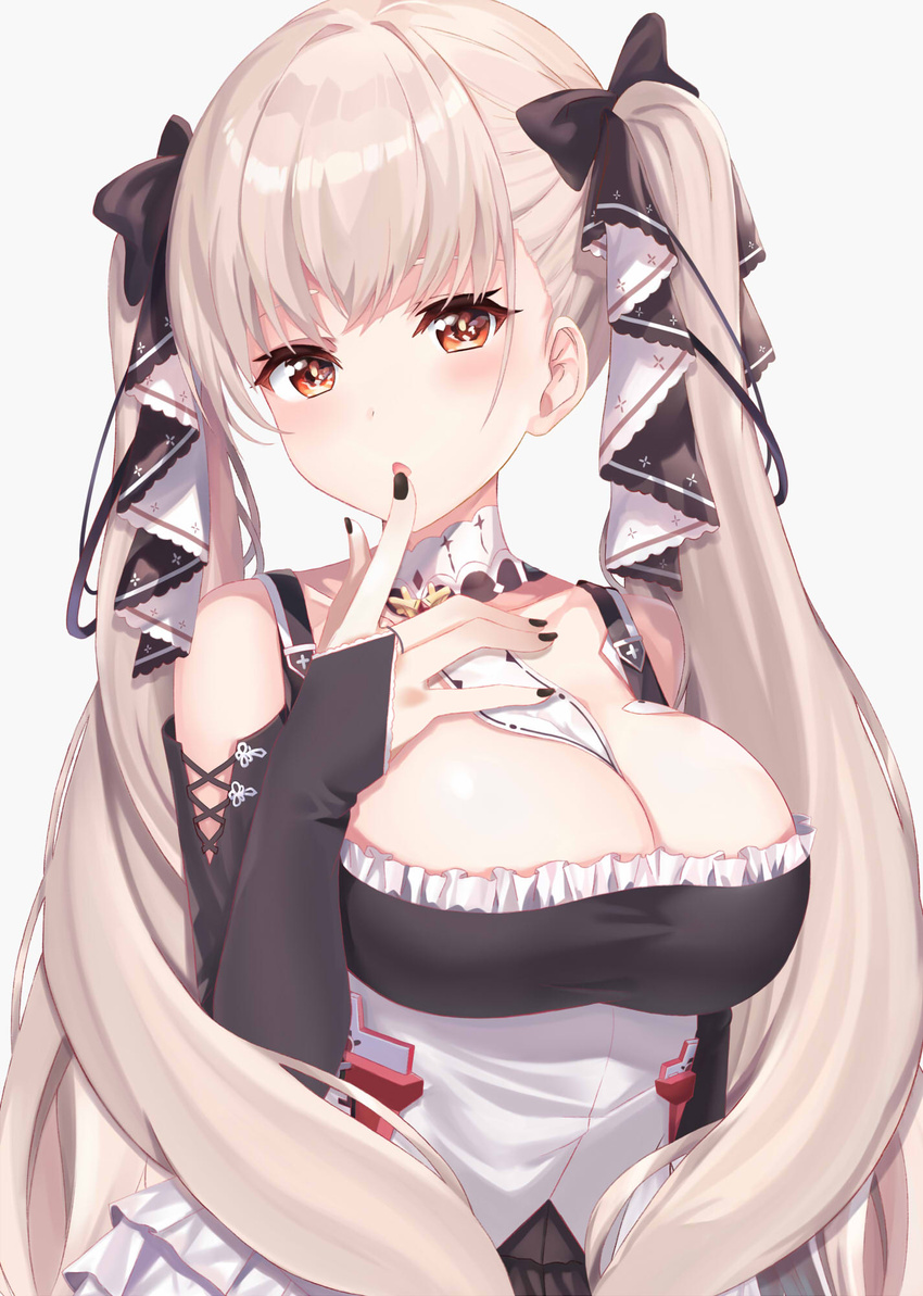 azur_lane between_breasts black_dress black_nails blush breasts cleavage commentary detached_collar dress eyelashes female finger_to_mouth formidable_(azur_lane) grey_background grey_hair hair_ribbon hand_on_own_chest highres large_breasts long_hair looking_at_viewer nail_polish nannann necktie necktie_between_breasts off-shoulder_dress off_shoulder orange_eyes parted_lips ribbon solo twintails upper_body white_background white_necktie