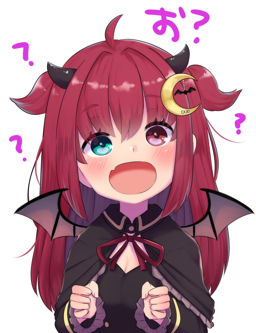 :d ? bat_wings black_capelet black_dress blush capelet crescent crescent_hair_ornament demon_girl dress female green_eyes hair_ornament heterochromia highres horns long_sleeves looking_at_viewer neck_ribbon nijisanji oerba_yun_fang red_eyes red_hair red_ribbon ribbon simple_background skin_fang smile solo transparent_background two_side_up utsusumi_kio virtual_youtuber wide-eyed wings yuzuki_roa yuzuki_roa_(1st_costume)