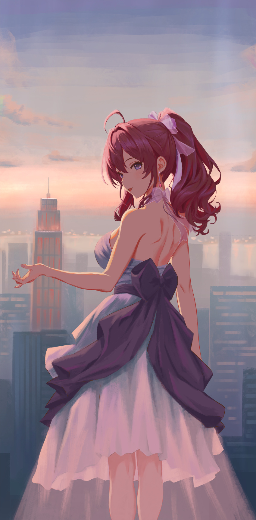 :3 absurdres ahoge alternate_costume back backless_dress backless_outfit bare_back bare_shoulders blue_eyes blush breasts building commentary_request dimples_of_venus dress earrings feet_out_of_frame female from_behind hair_between_eyes hair_ornament hair_ribbon highres ichinose_shiki idolmaster idolmaster_cinderella_girls jewelry kneepits large_breasts long_hair looking_at_viewer looking_back median_furrow medium_breasts open_mouth outdoors ponytail purple_eyes qingli_ye red_hair ribbon shoulder_blades sideboob skyscraper solo strapless strapless_dress wavy_hair white_dress